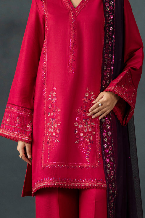 Red embroidered traditional outfit with a dark background